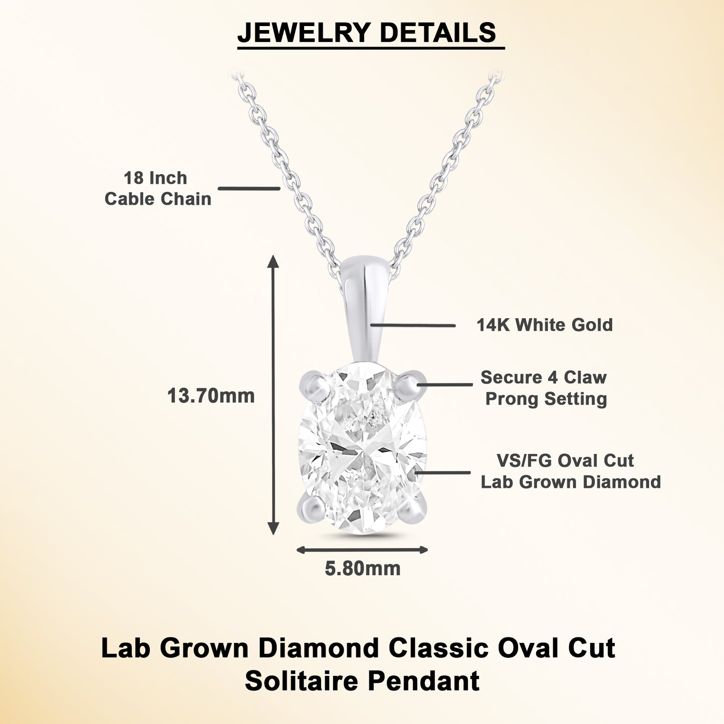 14k Gold 1-0.50 Ct Oval Cut Solitaire Pendant Necklace