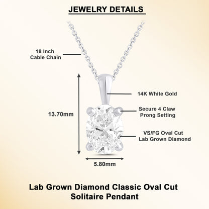 14k Gold 1-0.50 Ct Oval Cut Solitaire Pendant Necklace