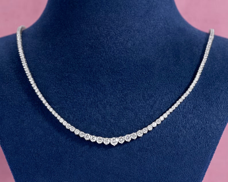 10K White Gold Graduated Tennis Necklace 7 Ct Round Diamonds