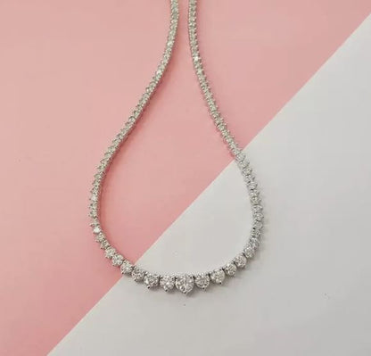 14K White Gold Graduated Tennis Necklace 7 Ct Round Diamond