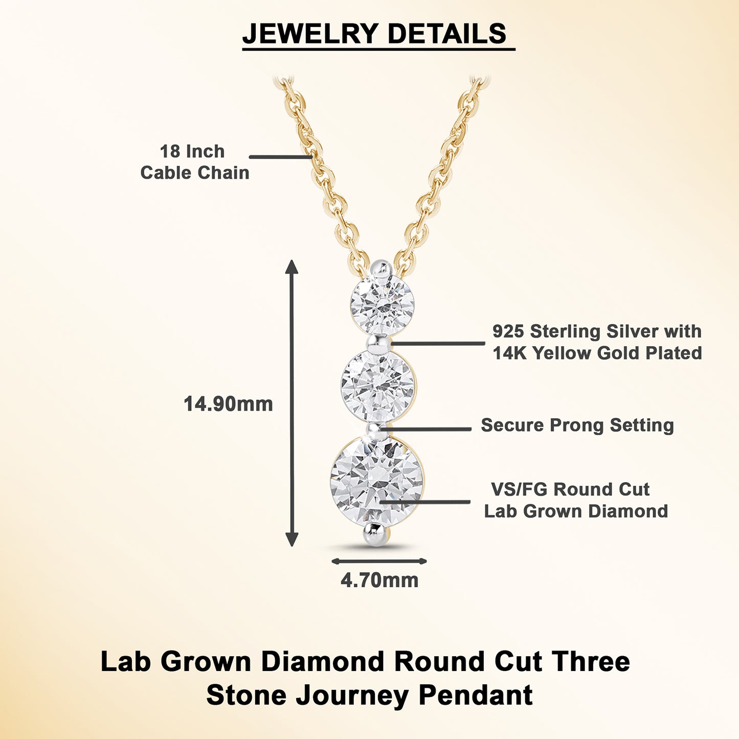 0.80 Ct Diamond 925 Silver Yellow Gold Plated Journey Pendant Necklace