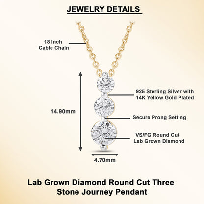 0.80 Ct Diamond 925 Silver Yellow Gold Plated Journey Pendant Necklace