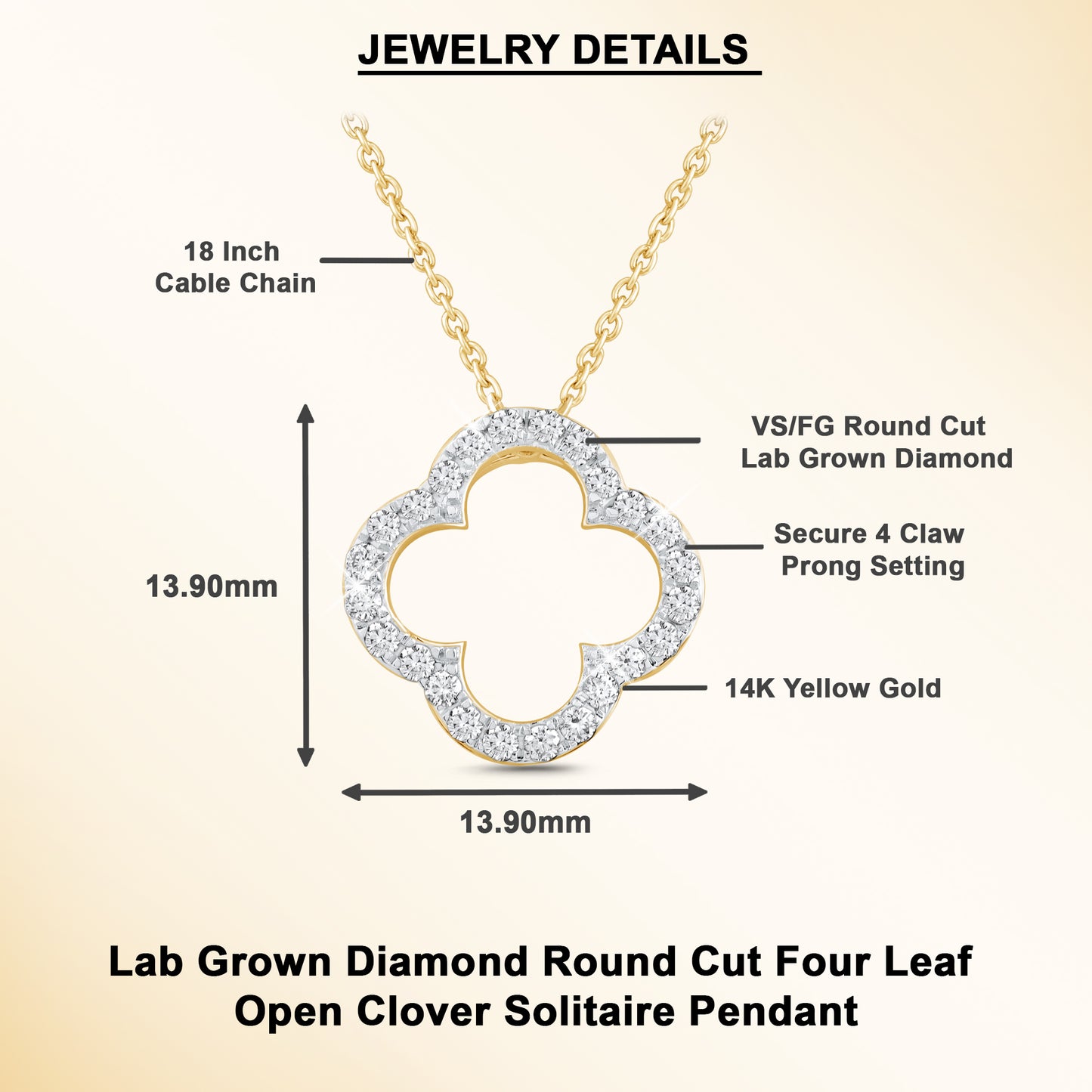 14K Gold Lab Grown Diamond Four Leaf Open Clover Necklace