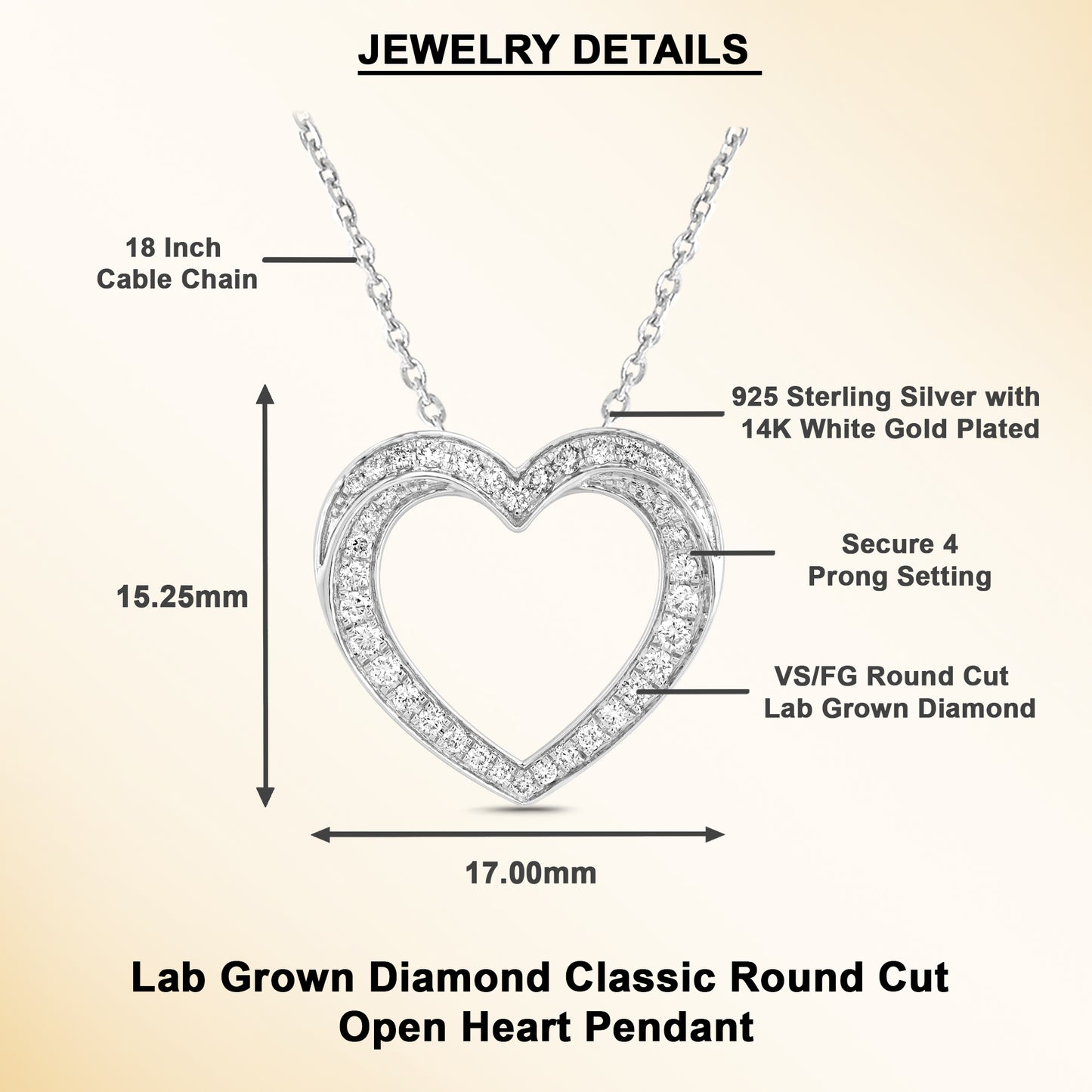 0.50 Ct Lab Grown Diamond Open Heart Pendant Necklace