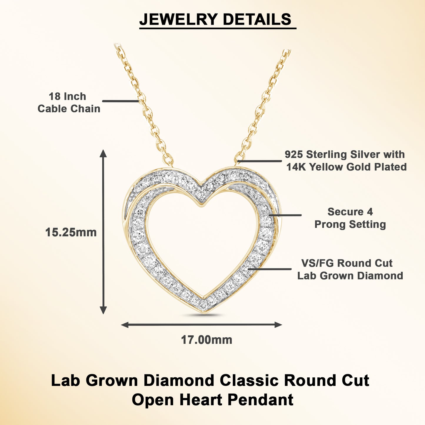 0.50 Ct Lab Grown Diamond Open Heart Pendant Necklace