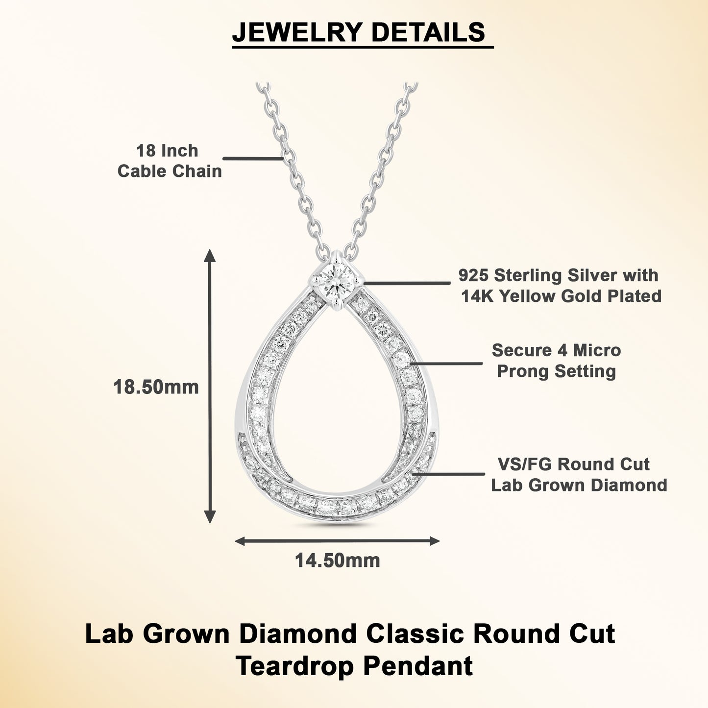 0.30 Ct Lab Grown Diamond White Gold Plated Teardrop Pendant Necklace