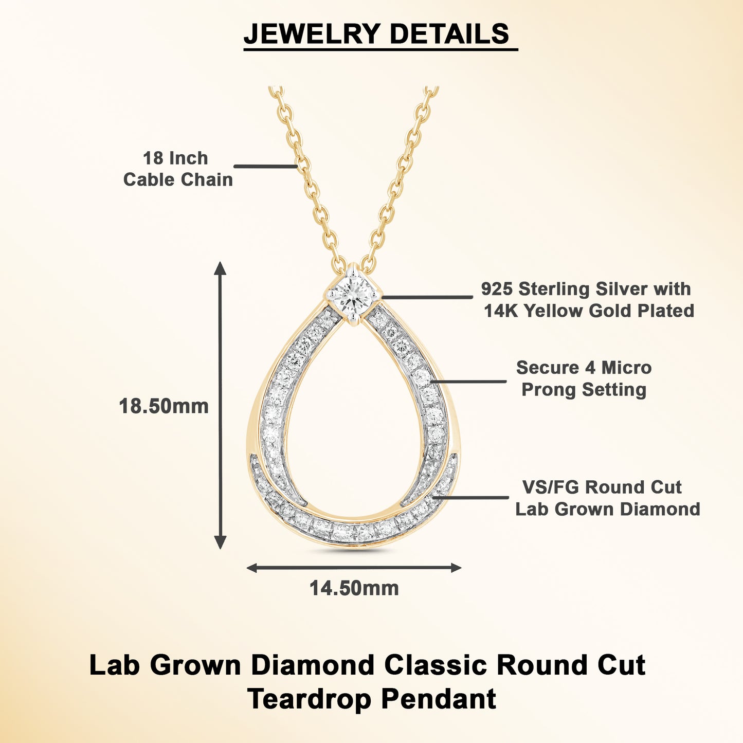 0.30 Ct Lab Grown Diamond Yellow Gold Plated Teardrop Pendant Necklace
