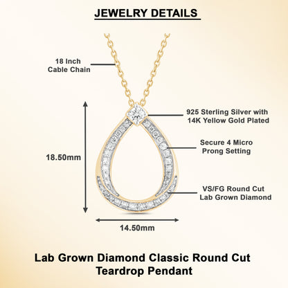 0.30 Ct Lab Grown Diamond Yellow Gold Plated Teardrop Pendant Necklace