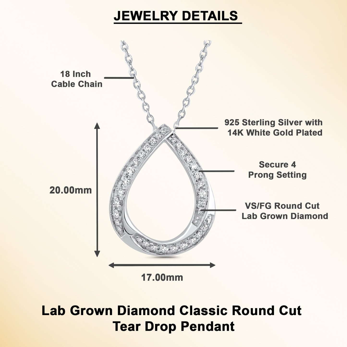 0.20 Ct Lab Grown Diamond 925 Silver Teardrop Pendant Necklace