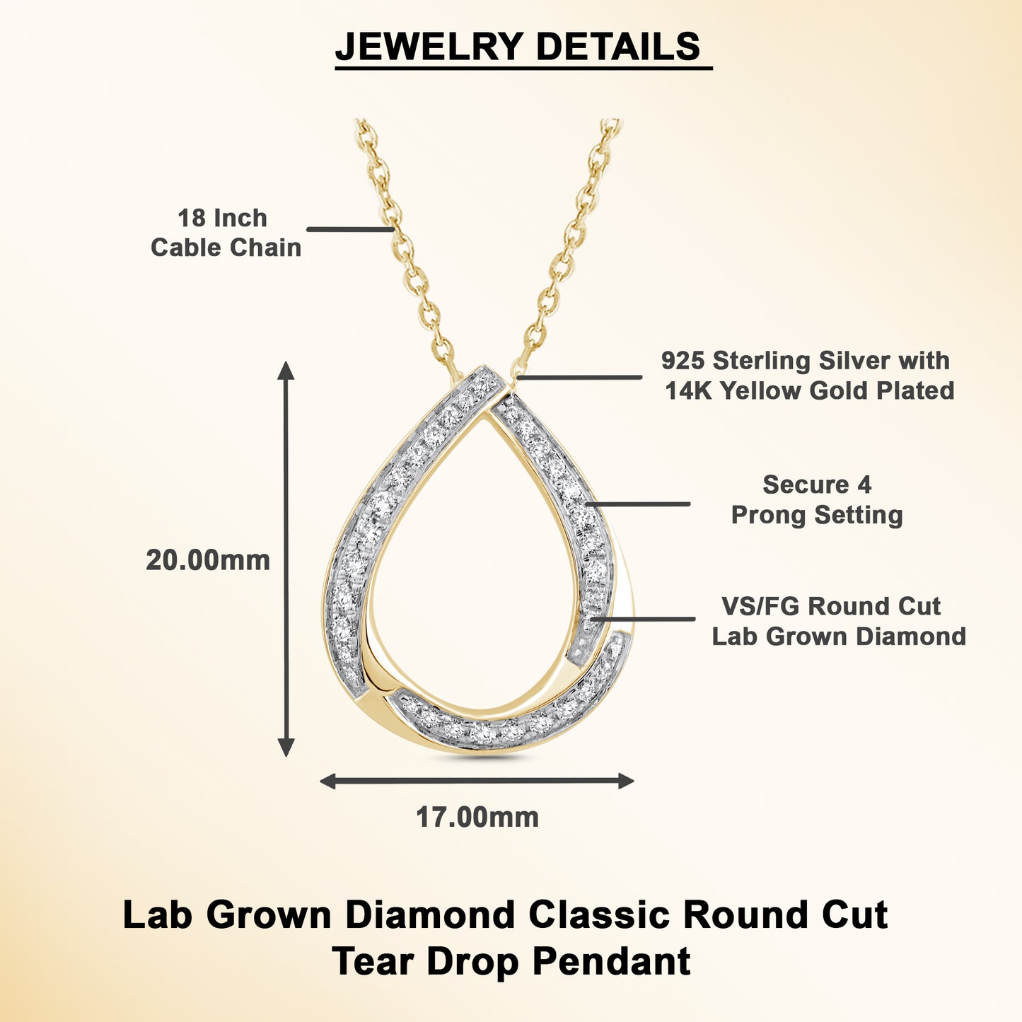 0.20 Ct Lab Grown Diamond 925 Silver Teardrop Pendant Necklace