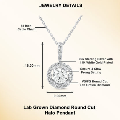 0.75 Ct Diamond 925 Silver Round Halo Pendant Necklace