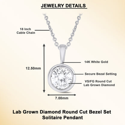 0.75 Ct Round Bezel-Set Lab Grown Diamond Solitaire Pendant Necklace