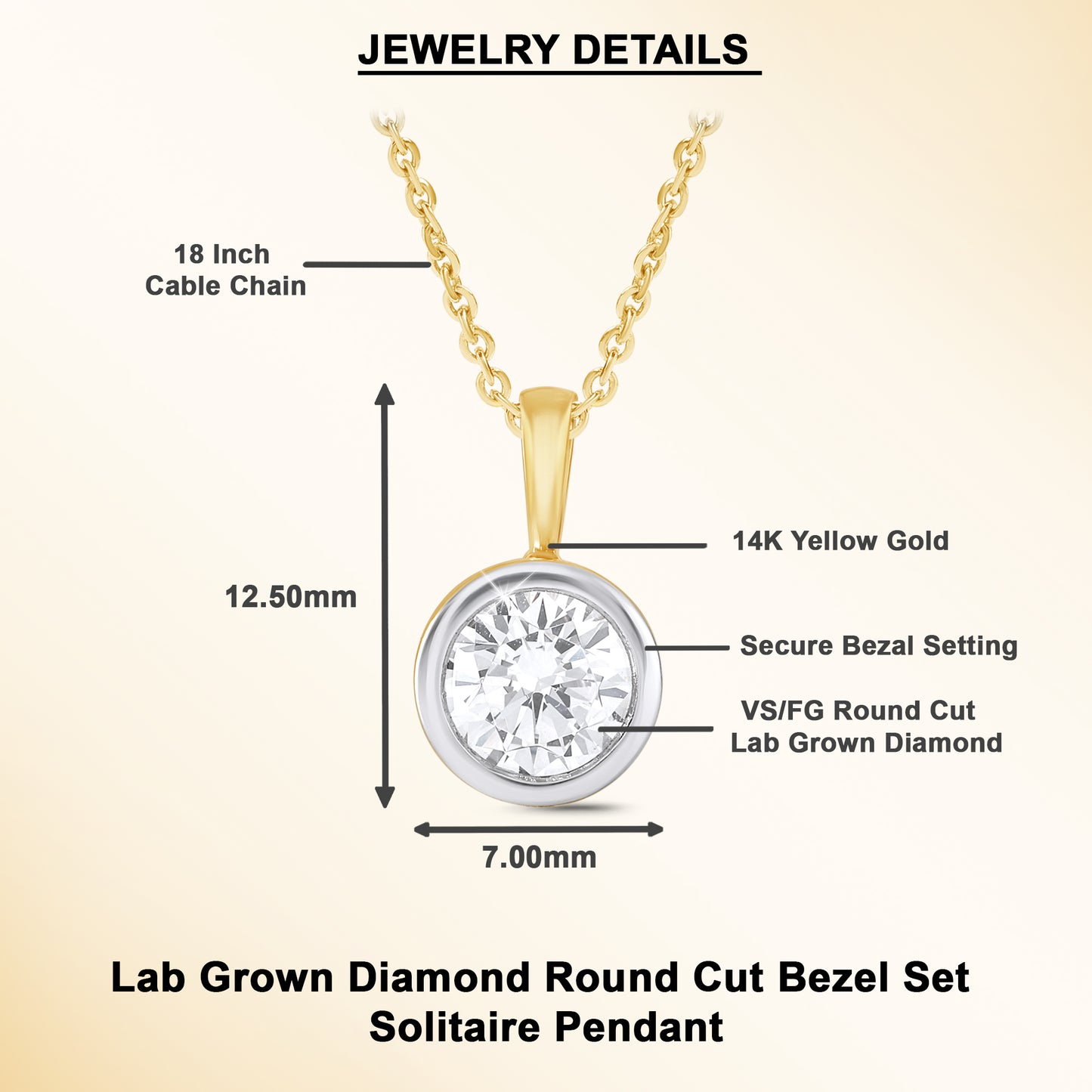 0.75 Ct Round Bezel-Set Lab Grown Diamond Solitaire Pendant Necklace