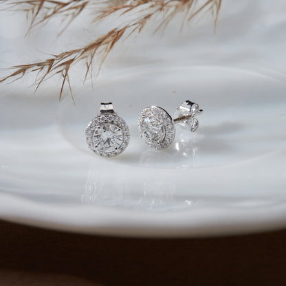 1.3 Ct Round Cut Diamond 925 Silver White Gold Plated Solitaire Halo Stud Earrings