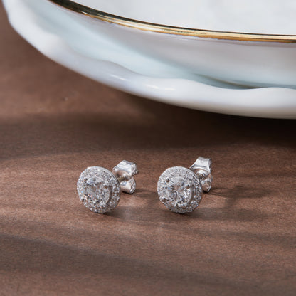 1.3 Ct Round Cut Diamond 925 Silver White Gold Plated Solitaire Halo Stud Earrings