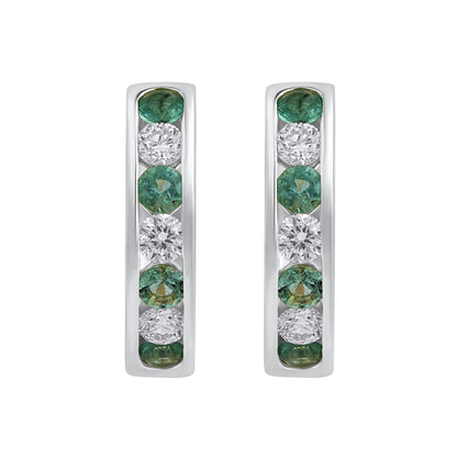 925 Silver Lab-Grown Channel-Set Emerald And Diamond Hoop Earrings