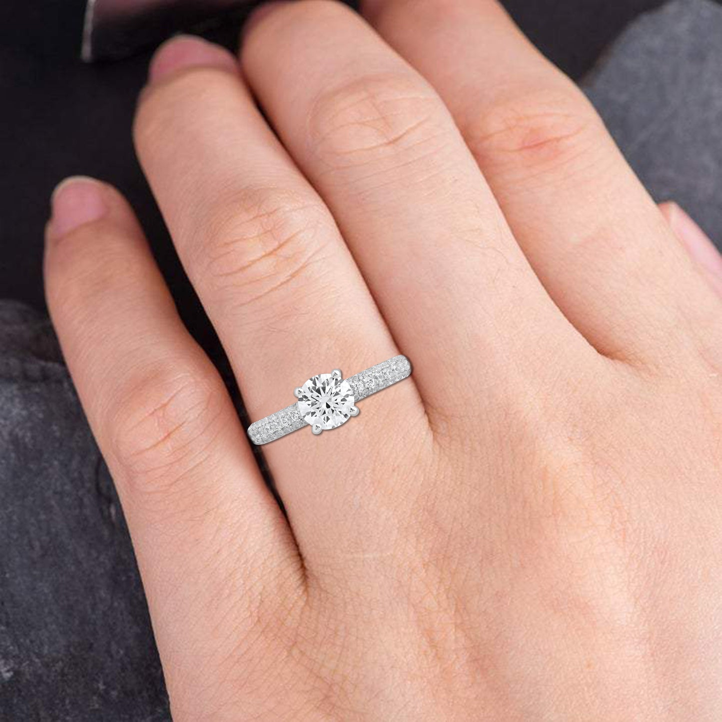 1.40 Ct 925 Sterling Silver Solitaire Pave Set Accent Diamond Ring