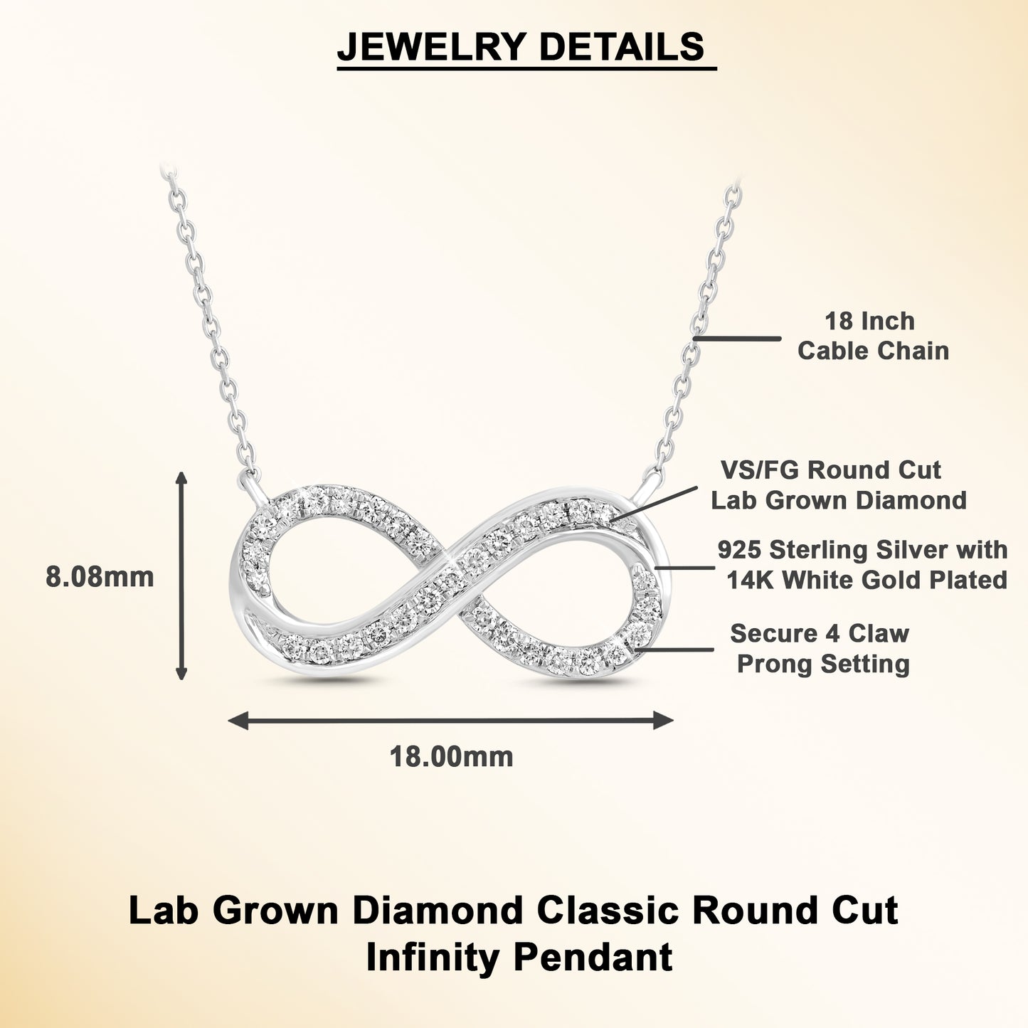 0.25 Ct Diamond 925 Silver White Gold Plated Infinity Pendant Necklace