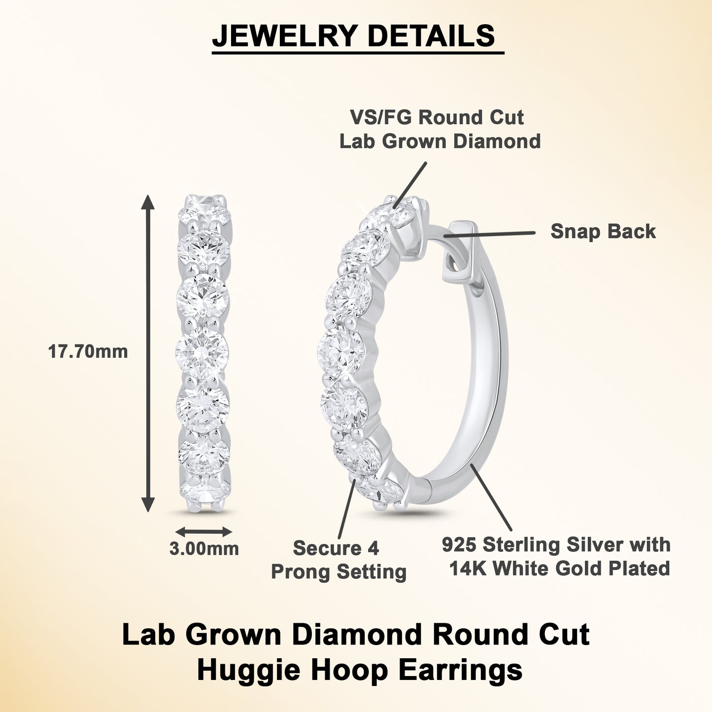 925 Sterling Silver 1.60 Ct Lab Grown Diamond White Gold Plated Huggie Hoop Earrings