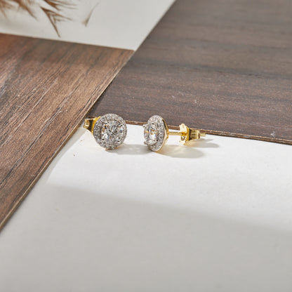 1.3 Ct Round Cut Diamond 925 Silver Yellow Gold Plated Solitaire Halo Stud Earrings
