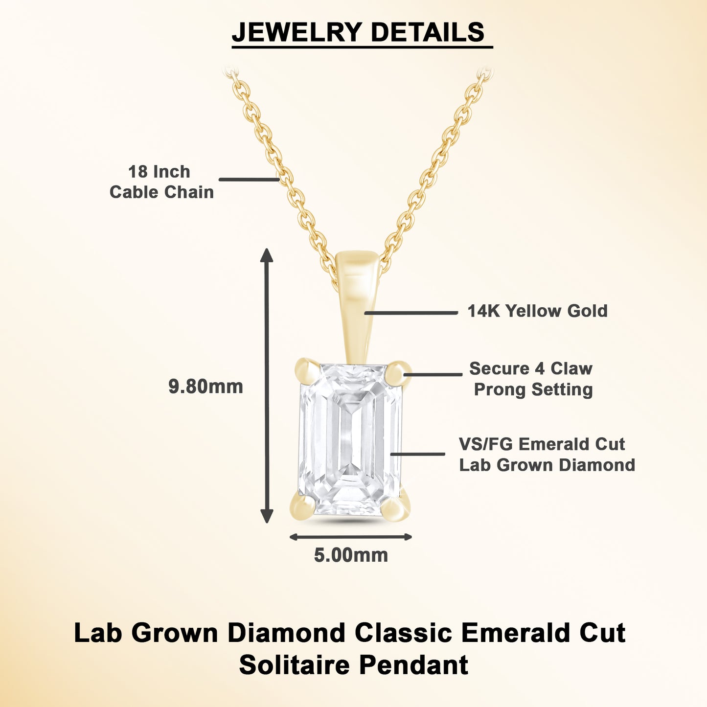0.50 Ct Emerald Cut Diamond Solitaire Necklace in 14K Gold