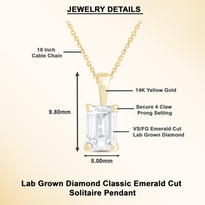 0.50 Ct Emerald Cut Diamond Solitaire Necklace in 14K Gold