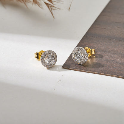 1.3 Ct Round Cut Diamond 925 Silver Yellow Gold Plated Solitaire Halo Stud Earrings