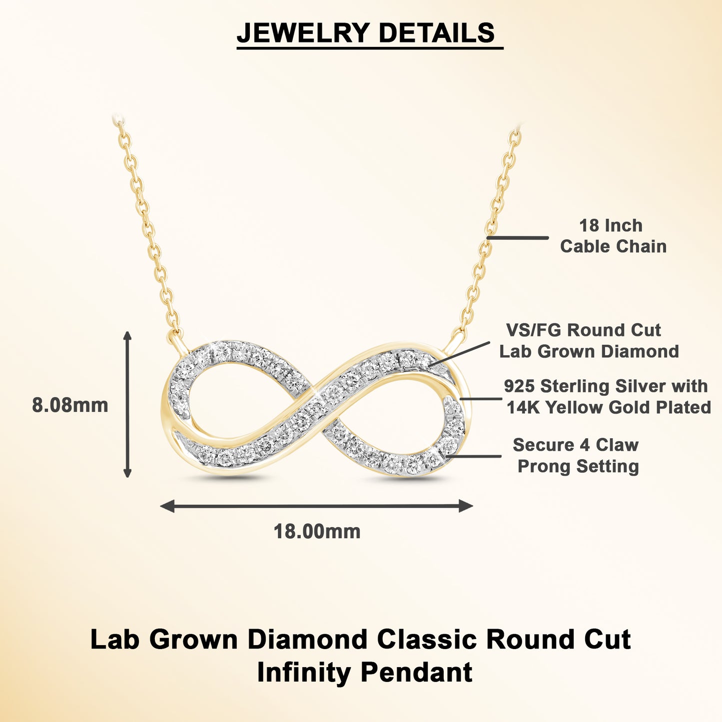0.25 Ct Diamond 925 Silver Yellow Gold Plated Infinity Pendant Necklace