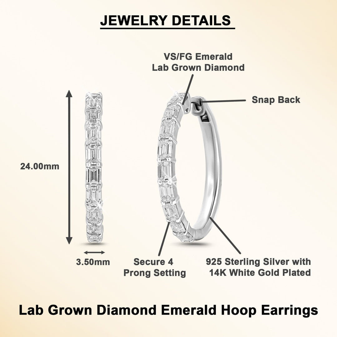 Emerald Cut Lab Grown Diamond Hoop Earrings 925 Silver - Dewberry Diamonds