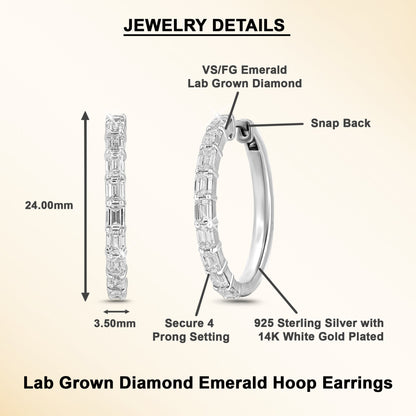 Emerald Cut Lab Grown Diamond Hoop Earrings 925 Silver - Dewberry Diamonds