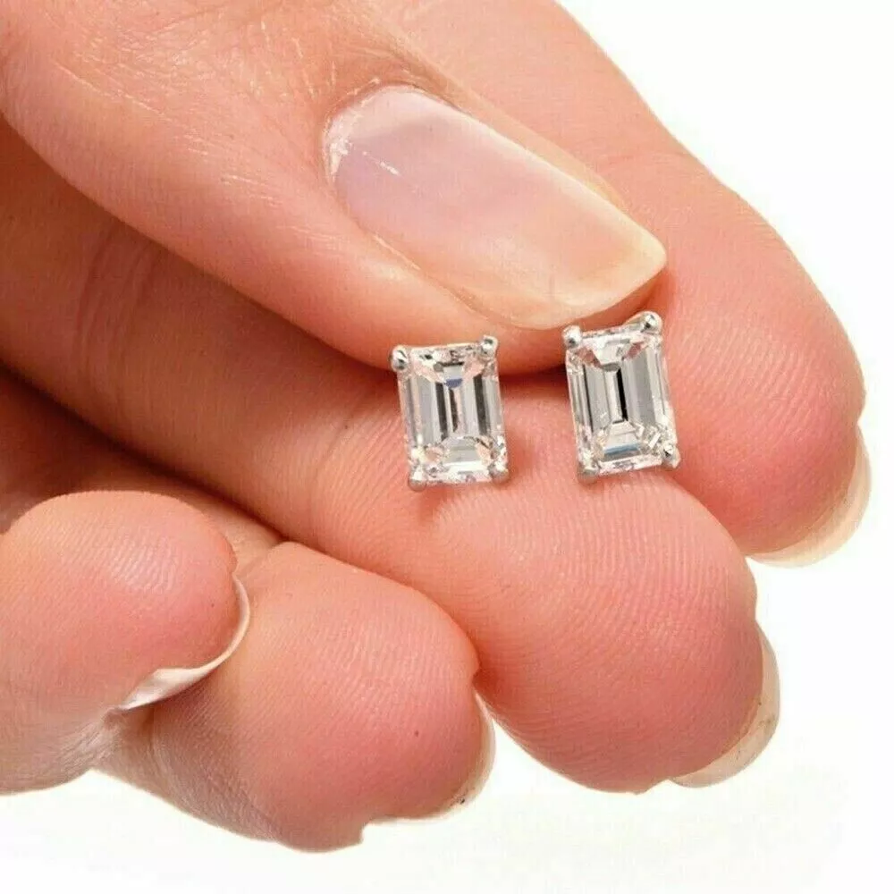 1 Ct Emerald Cut Diamond 14K Gold Solitaire Stud Earrings